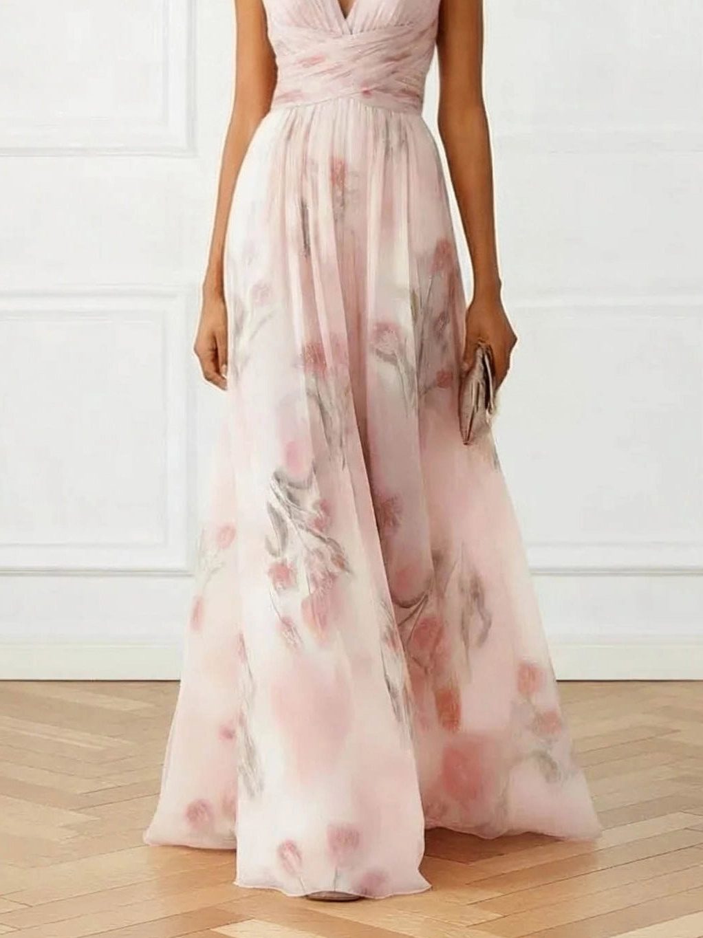 Women's Pink Chiffon Floral Maxi Dress with V-Neck and Wrap Waist - Maisie London