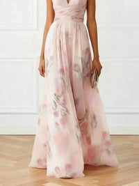 Women's Pink Chiffon Floral Maxi Dress with V-Neck and Wrap Waist - Maisie London
