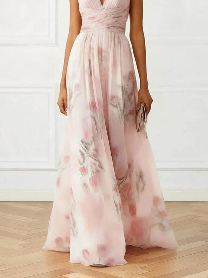 Women's Pink Chiffon Floral Maxi Dress with V-Neck and Wrap Waist - Maisie London