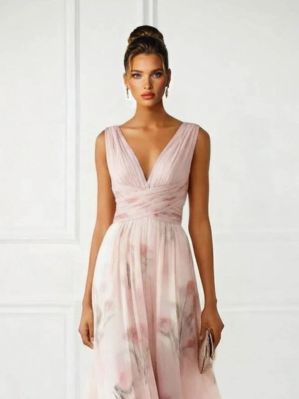Women's Pink Chiffon Floral Maxi Dress with V-Neck and Wrap Waist - Maisie London
