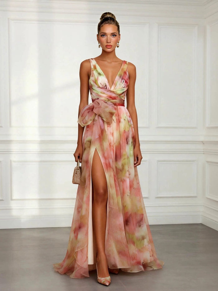 Women's Multicolour Organza Floral Maxi Dress with V-Neck and Split - Maisie London