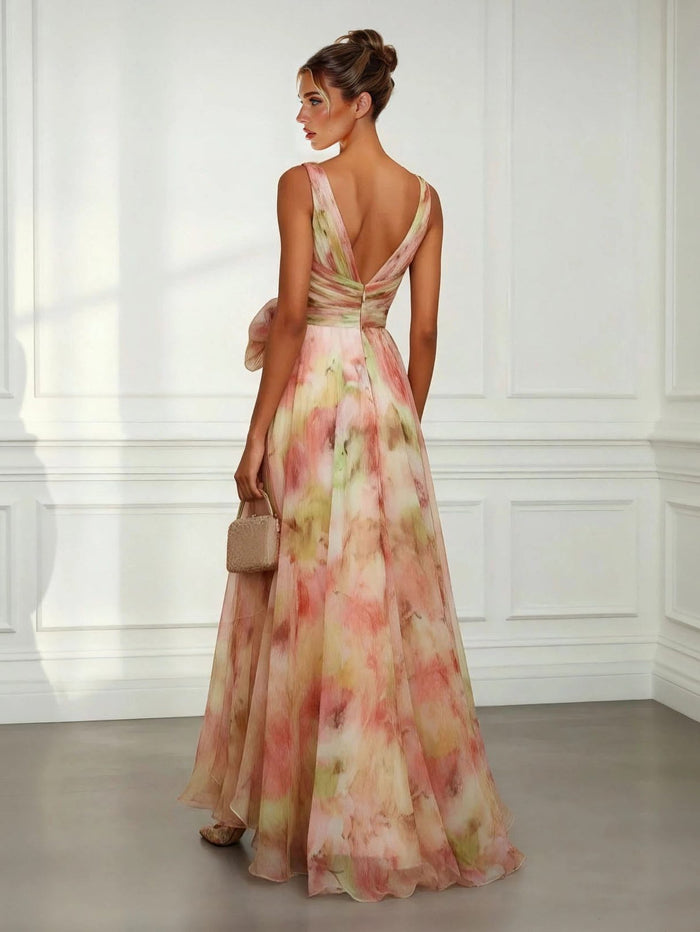 Women's Multicolour Organza Floral Maxi Dress with V-Neck and Split - Maisie London