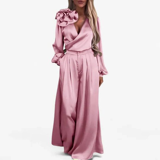 Women's Satin Wide-Leg Co-ord Set with Ruffle Shoulder and Wrap Top - Maisie London