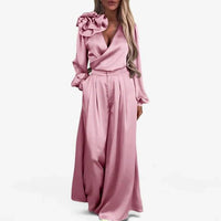 Women's Satin Wide-Leg Co-ord Set with Ruffle Shoulder and Wrap Top - Maisie London