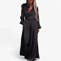 Women's Satin Wide-Leg Co-ord Set with Ruffle Shoulder and Wrap Top - Maisie London
