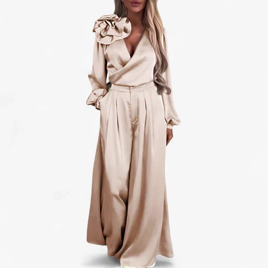 Women's Satin Wide-Leg Co-ord Set with Ruffle Shoulder and Wrap Top - Maisie London