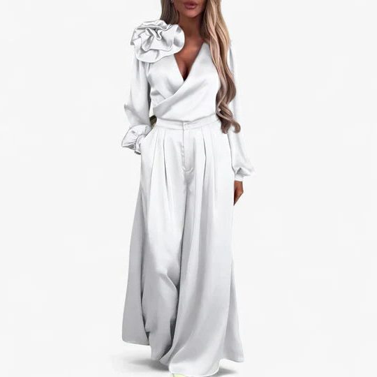 Women's Satin Wide-Leg Co-ord Set with Ruffle Shoulder and Wrap Top - Maisie London