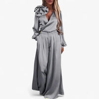 Women's Satin Wide-Leg Co-ord Set with Ruffle Shoulder and Wrap Top - Maisie London