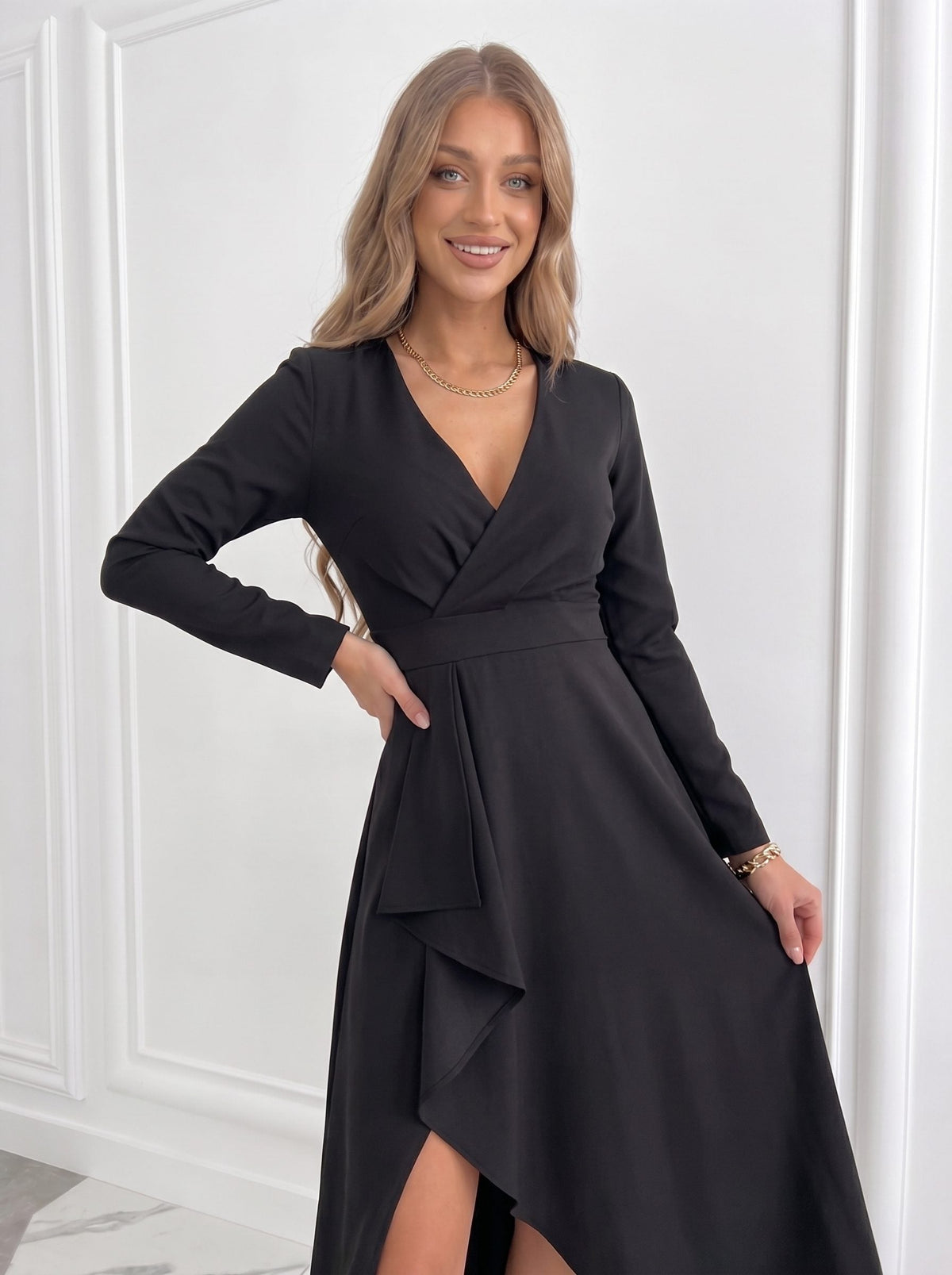 Women's Crepe Wrap Midi Dress with V-Neck and Asymmetric Hem - Maisie London