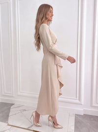 Women's Crepe Wrap Midi Dress with V-Neck and Asymmetric Hem - Maisie London
