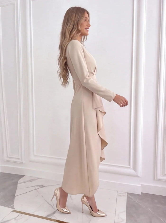 Women's Crepe Wrap Midi Dress with V-Neck and Asymmetric Hem - Maisie London