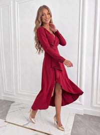 Women's Crepe Wrap Midi Dress with V-Neck and Asymmetric Hem - Maisie London