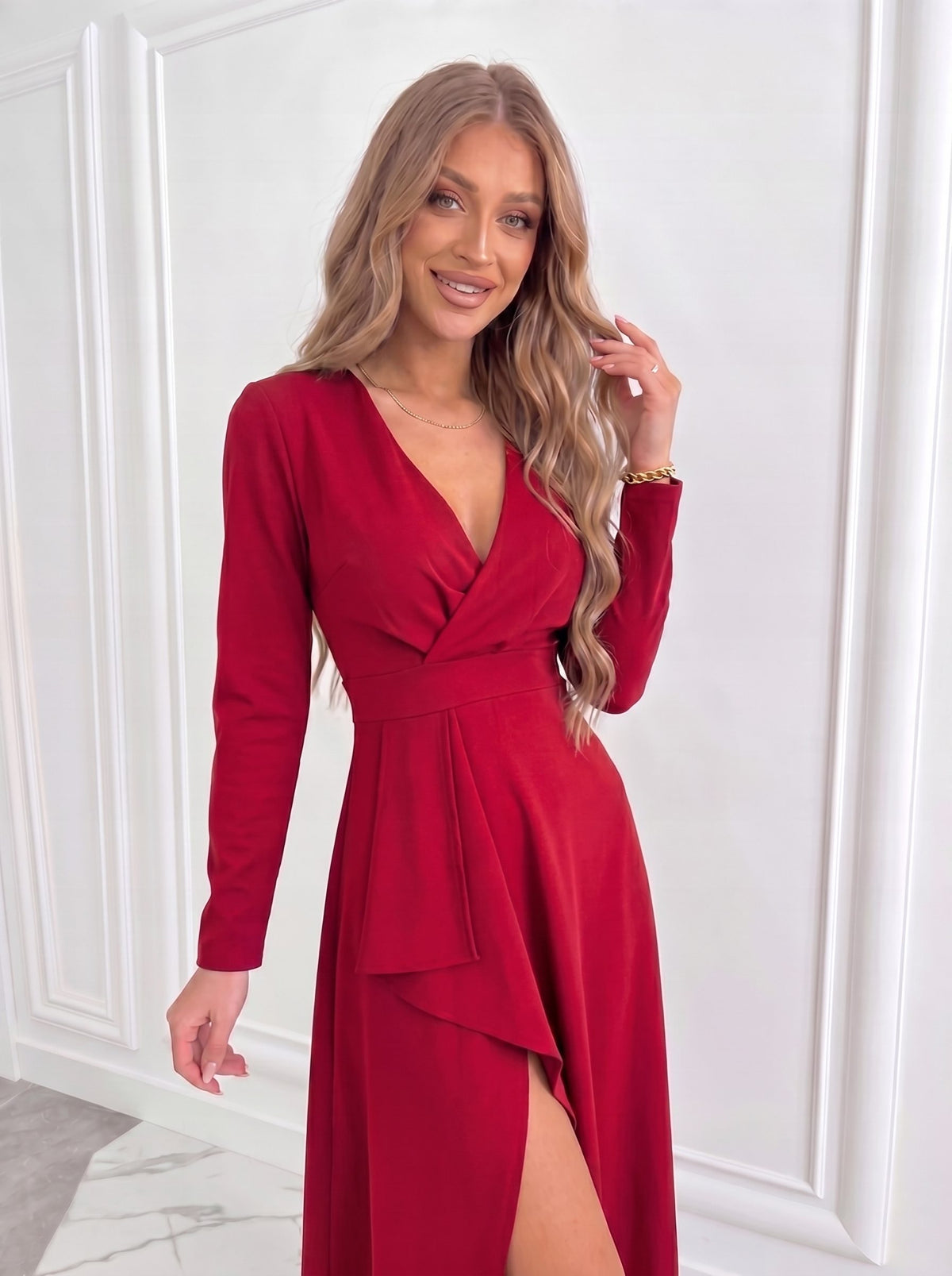 Women's Crepe Wrap Midi Dress with V-Neck and Asymmetric Hem - Maisie London