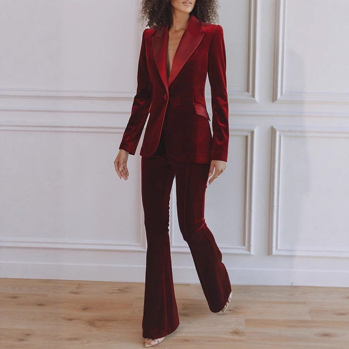 Women's Velvet Blazer and Flared Trouser Set with Satin Peak Lapels - Maisie London
