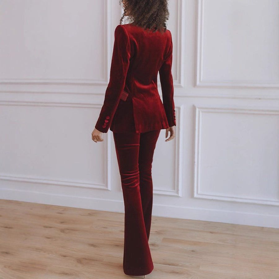 Women's Velvet Blazer and Flared Trouser Set with Satin Peak Lapels - Maisie London