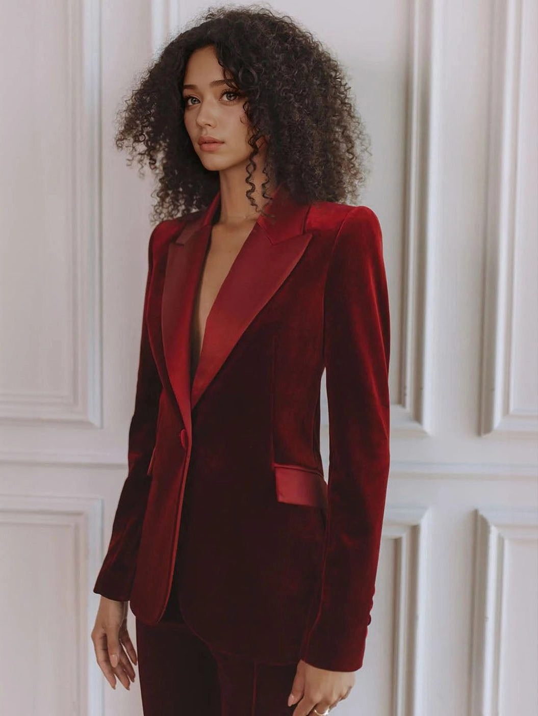Women's Velvet Blazer and Flared Trouser Set with Satin Peak Lapels - Maisie London