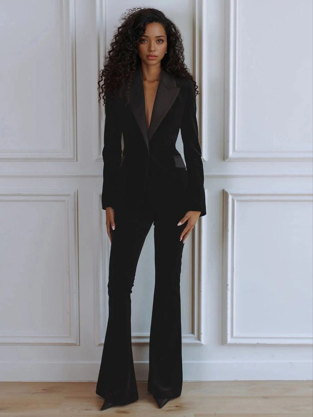 Women's Velvet Blazer and Flared Trouser Set with Satin Peak Lapels - Maisie London