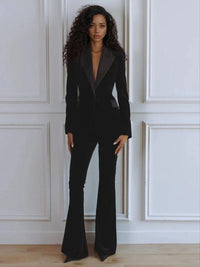 Women's Velvet Blazer and Flared Trouser Set with Satin Peak Lapels - Maisie London