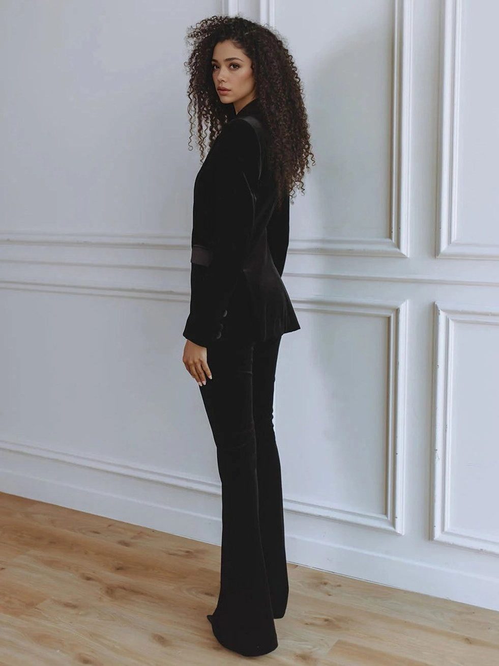 Women's Velvet Blazer and Flared Trouser Set with Satin Peak Lapels - Maisie London