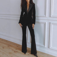 Women's Velvet Blazer and Flared Trouser Set with Satin Peak Lapels - Maisie London