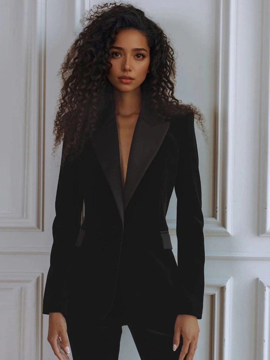 Women's Velvet Blazer and Flared Trouser Set with Satin Peak Lapels - Maisie London