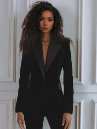 Women's Velvet Blazer and Flared Trouser Set with Satin Peak Lapels - Maisie London