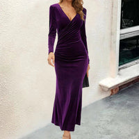 Women's Velvet Wrap Maxi Dress with Long Sleeves and Ruched Waist - Maisie London