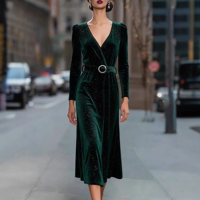 Women's Dark Green Velvet Wrap Midi Dress with V-Neck and Belt - Maisie London
