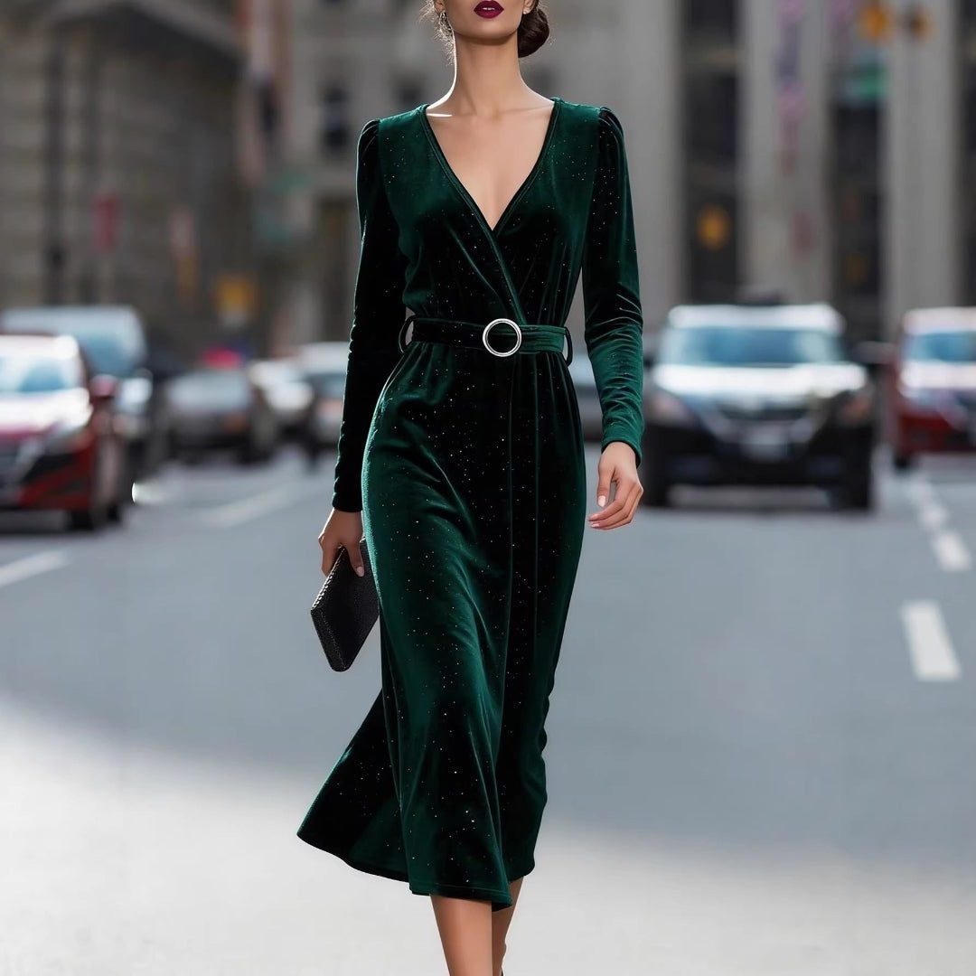 Women's Dark Green Velvet Wrap Midi Dress with V-Neck and Belt - Maisie London