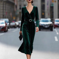 Women's Dark Green Velvet Wrap Midi Dress with V-Neck and Belt - Maisie London