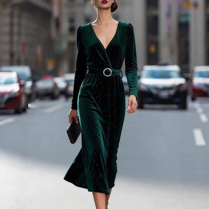 Women's Dark Green Velvet Wrap Midi Dress with V-Neck and Belt - Maisie London