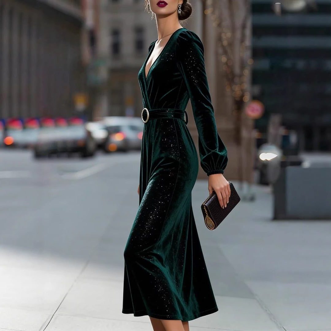 Women's Dark Green Velvet Wrap Midi Dress with V-Neck and Belt - Maisie London