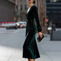 Women's Dark Green Velvet Wrap Midi Dress with V-Neck and Belt - Maisie London