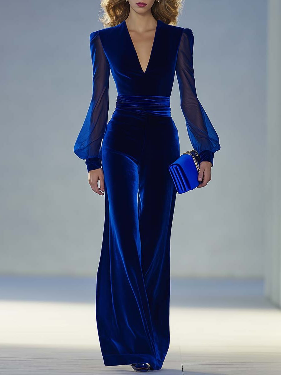 Women's Velvet Wide-Leg Jumpsuit with V-Neck and Sheer Sleeves - Maisie London