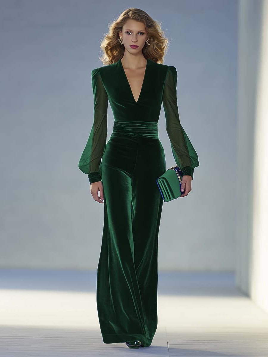 Women's Velvet Wide-Leg Jumpsuit with V-Neck and Sheer Sleeves - Maisie London