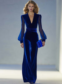 Women's Velvet Wide-Leg Jumpsuit with V-Neck and Sheer Sleeves - Maisie London
