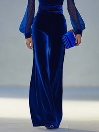 Women's Velvet Wide-Leg Jumpsuit with V-Neck and Sheer Sleeves - Maisie London
