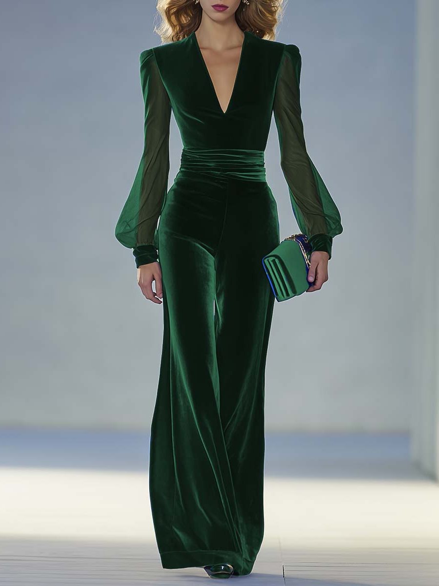 Women's Velvet Wide-Leg Jumpsuit with V-Neck and Sheer Sleeves - Maisie London