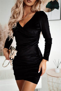 Women's Velvet Bodycon Mini Dress with Ruched Body and V-Neck - Maisie London