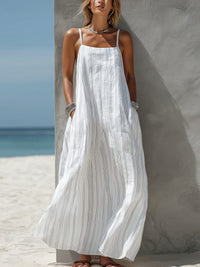Women's White Linen-Look Striped Maxi Dress with Square Neck - Maisie London