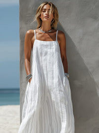 Women's White Linen-Look Striped Maxi Dress with Square Neck - Maisie London