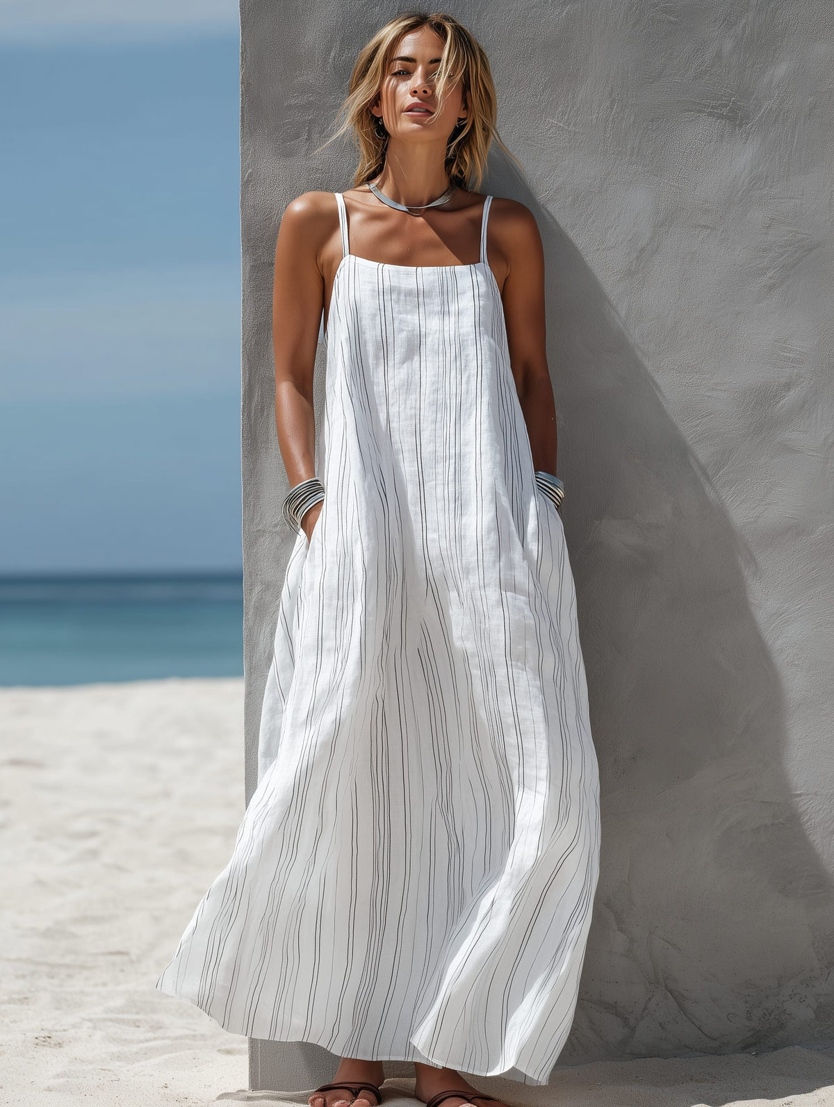 Women's White Linen-Look Striped Maxi Dress with Square Neck - Maisie London