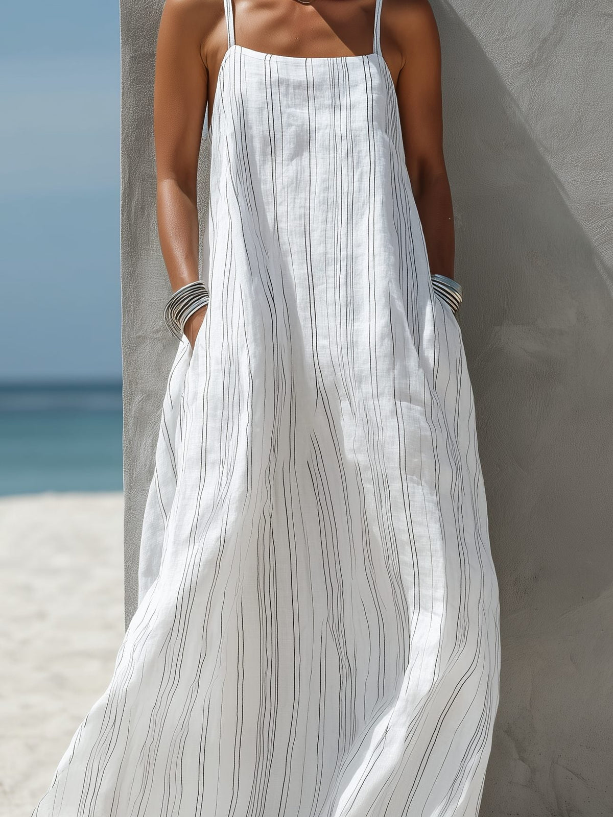 Women's White Linen-Look Striped Maxi Dress with Square Neck - Maisie London