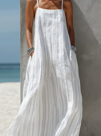 Women's White Linen-Look Striped Maxi Dress with Square Neck - Maisie London