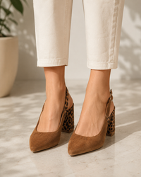 Women's Light Brown Faux Suede Slingback Block Heels with Buckle - Maisie London