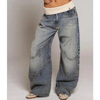 Women's Light Blue Denim Wide-Leg Baggy Jeans with Ribbed Waistband - Maisie London