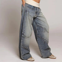 Women's Light Blue Denim Wide-Leg Baggy Jeans with Ribbed Waistband - Maisie London
