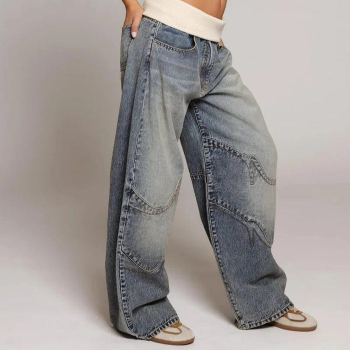 Women's Light Blue Denim Wide-Leg Baggy Jeans with Ribbed Waistband - Maisie London