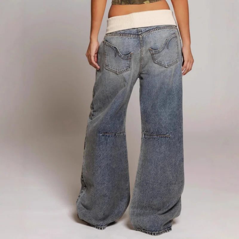 Women's Light Blue Denim Wide-Leg Baggy Jeans with Ribbed Waistband - Maisie London