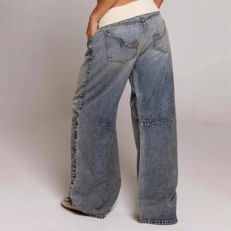 Women's Light Blue Denim Wide-Leg Baggy Jeans with Ribbed Waistband - Maisie London